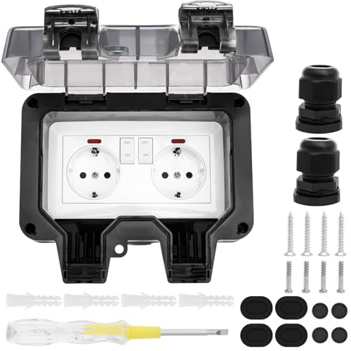 Outdoor Socket IP66 Waterproof Socket with Switch Indicator Light, Wall Socket Wet Room Surface-Mounted Protective Contact Garden Socket Dustproof Weatherproof Outdoor with Hinged Lid (Black)