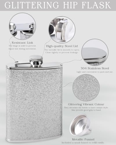 SPDYCESS 8 Oz Hip Flask for Women Ladies with Glitter Wrap Set Portable Stainless Steel Flask Bottle with Funnel Set Party Wedding Camping - Image 3
