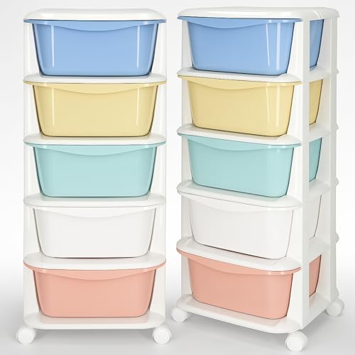 SPRINGOS Étagère en plastique avec 5 tiroirs sur roulettes pour jouets et accessoires Organisateur pour chambre d'enfant Salle de bain Capacité de charge 25...