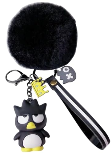 PaPiJoJo Cute Keychains for Women/Girls, Kawaii Pom Pom Fuzzy Key Chain Accessories Wristlet Cartoon Keychain for Backpack Car Keys (Black220)