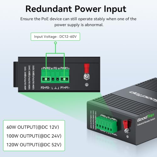 Image of 5 Port Industrial Gigabit PoE+ Switch, 12V /24V to 48V Booster, DIN-Rail | 802.3af /at | 4x 30W PoE 1 Uplink | 12V-52V Input to 48V /54V Output | Rugged IP40 for RV Camper, Marine, Solar