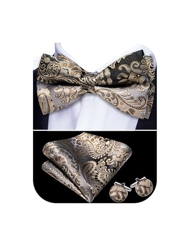 Image of Barry.Wang Paisley Striped Bow Tie for Men Silk Pre-Tied Bowtie Pocket Square Cufflinks Set Formal Wedding Party Prom
