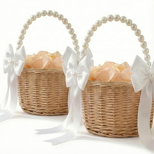 MOLTREX Flower Girl Baskets with Pearl Handle and Ribbon Bow with 100 Pcs Petals for Wedding Decoration Home Outdoor Rustic and Woven Rattan Basket for Party Garden Decor (2 Pcs)