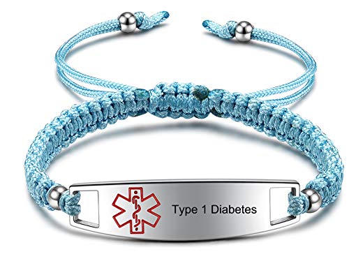 Image of JF.JEWELRY Pre-Engraved Type 1 Diabetes Medical Alert ID Bracelet | Nylon Rope Braided Medical Alert Bracelet, 6.0-8.5 Inches Adjustable
