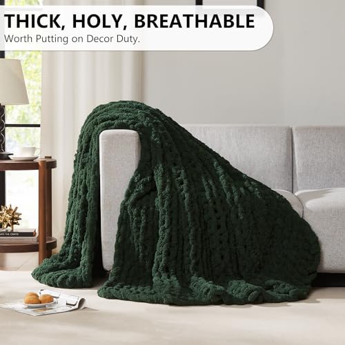 L'AGRATY Chunky Knit Blanket Throw - Soft Chunky Throw Blanket 50x60: 100% Hand Kintted Chenile Crochet Throw Blanket for Couch - Large Cable Knit Chunky Blanket for Home Decor(Olive Green)