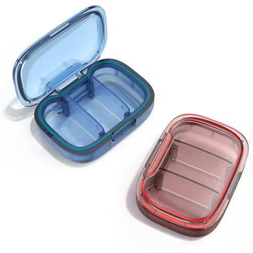 Image of 2 Pack 3 Compartment Small Pill Box, Moisture Proof Pill Case, Pill Organizer for Pocket Purse, Daily Portable Medicine Vitamin Box (Blue+Orange)