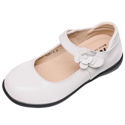 Girls Black School Uniform Dress Shoes Round-Toe Flower Ankle-Strap Shiny Mary Jane Ballet Flats(Toddler/Little/Big Kid)