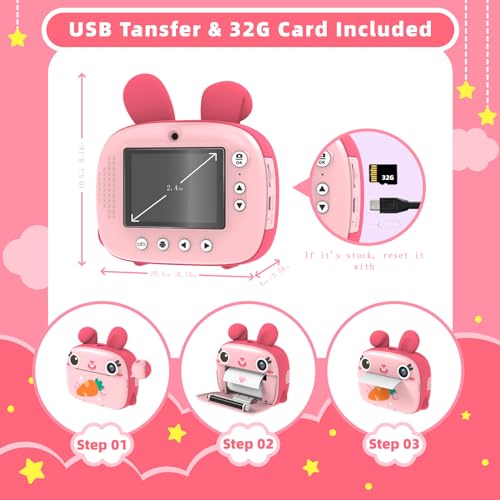 Image of CAMCLID Kids Instant Camera - 2.5K Instant Print Camera with No Ink, 32GB Card, Selfie & 1080P Video, Pink Toy Gift for Girls & Boys 3-12