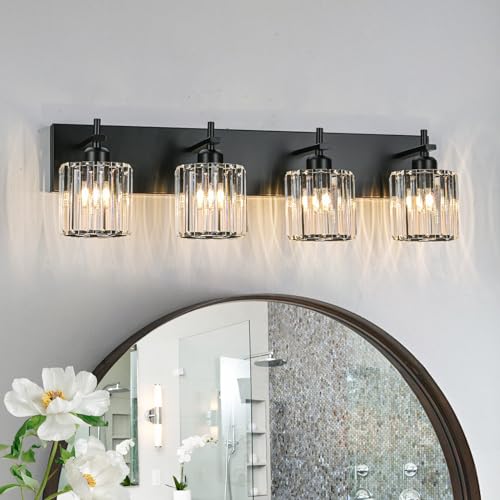 HUOKU Black Crystal Bathroom Vanity Lights, Modern 4-Lights Bathroom Lighting