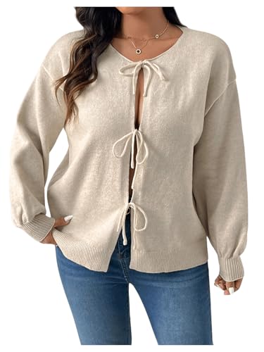 MakeMeChic Women's Plus Size Bow Tie Front Cardigan Sweater Long Sleeve Drop Shoulder Outerwear