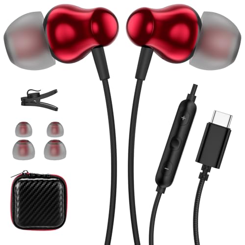 Image of ACANDYA USB C Headphones with Mic in-Ear Wired Earbuds for Work Calls Red | Noise Isolating USB C Headphone Wired Earbuds for Commute Travel Earphones with Microphone Portable for Subway Bus Plane