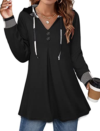 Image of Lotusmile Women's Long Sleeve Hooded Tunic Tops Button Swing Pullover Hoodie Sweatshirts