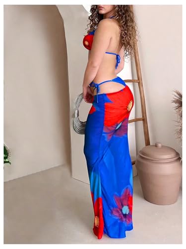 SOLY HUX Women's 3 Piece Swimsuit Floral Print Tie Side Halter Bikini Sets with Cover Up Skirt2