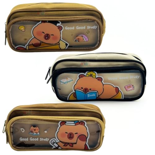 Image of Zqiue Good Study Cartoon Bear Pencil Pouch 3 Combo Set, Transparent Window Double Zipper Pen Case, Large Capacity Canvas Organizer for School, Kids, Teens & Office