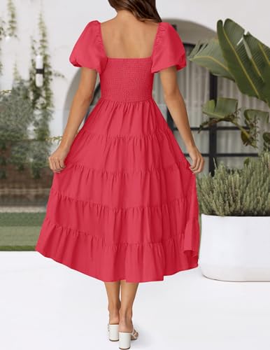 Image of ZESICA Women's 2026 Summer Puff Sleeve Midi Dress 2026 Boho Solid High Waist Flowy Beach Wedding Guest Long Dresses