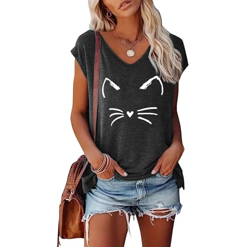 BLACKOO Women's Cat Face Graphic V-Neck T-Shirt Cap Sleeve Tops