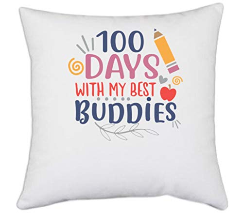 UDNAG White Polyester 'Best Buddies | 100 Days with My Best Buddies' Pillow Cover [16 Inch X 16 Inch]