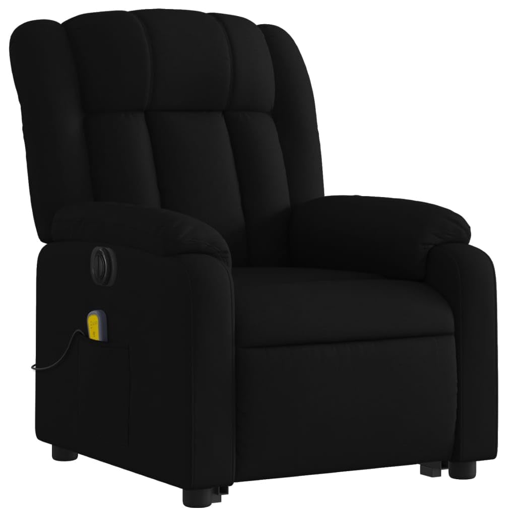 Sillón elevador eléctrico reclinable de tela negra con 6 puntos de vibración y función de elevación, cómodo y estable para relajación y bienestar