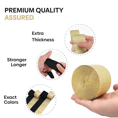Image of 4 Gold Black Crepe Paper Streamers, 328ft Pack of Party Decorations | Each roll is 82 ft long and 1.8 Inch wide ideal for Birthday Party Decor, Wedding Decorations and Themed Parties