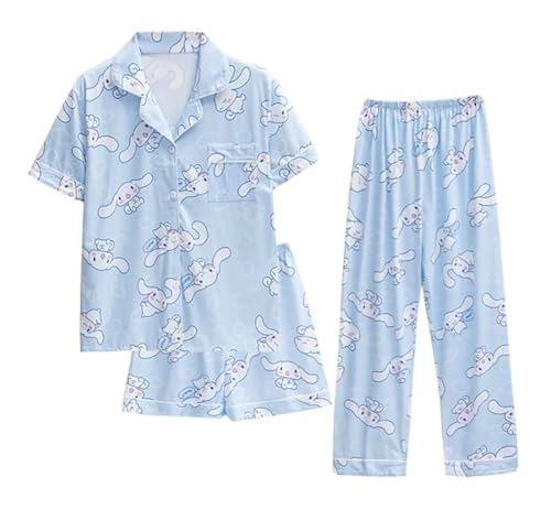 3 Piece Cartoon Pajama Set Petite Women Girls Sleepwear Loungewear Pjs Sets Short Sleeve Shirts and Shorts Pants Set