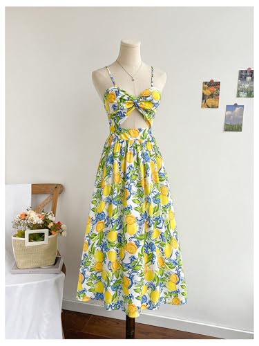 Milumia Women's Boho Floral Fruit Print Cami Dress Cut Out Twisted Flowy Midi Dresses Summer2