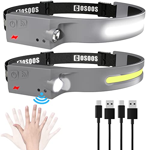 2 wiederaufladbare Stirnlampen Taschenlampe, COSOOS helle LED-Stirnlampe, 230° breiter Strahl, Sensormodus, leichte Stirnlampe mit Clips für Helm, Camping, Laufen, Wandern (Grau) Cover