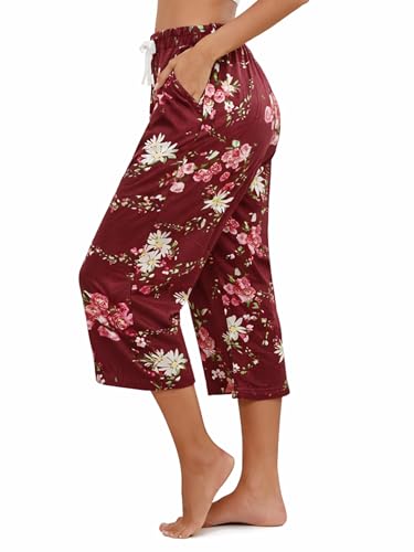 Image of Kabento 2 Pack Womens Pajama Pants Capri Sleep Lounge Pants Drawstring Pj Bottoms with Pockets