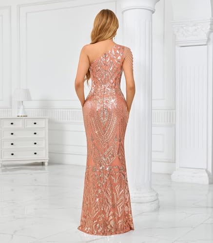 Image of Cololura Women Sequin Elegant Sexy One Shoulder Tassel Mermaid Bodycon Cocktail Evening Dress