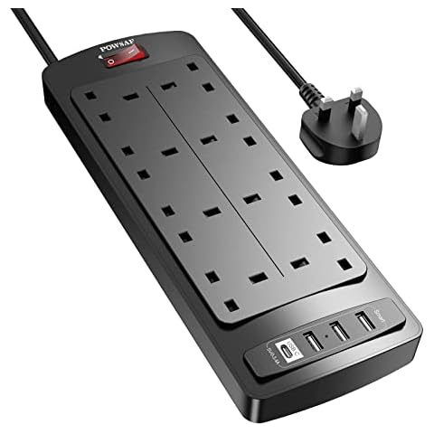 Extension Lead with 4 USB Slots (3.4A, 1 Type C and 3 USB-A Ports) ,POWSAF Power Strip Surge Protector with 8 way plug extension Socket and 2M Extension cord for Home Office Travel,Black Cover