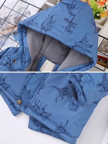 Boy's Winter Ski Warm Jacket Fleece Lined Hooded Windproof Dinosaur Print Snowboard Coats3