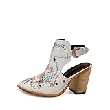 ATBELL Women's Floral Embroidery Ankle Boots Buckled Backless Western Vintage Wooden Chunky Heeled Booties in White Size 8