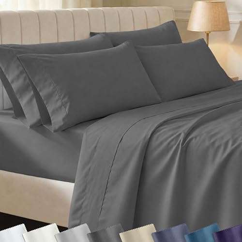 California Design Den Ultra Soft Cotton Sheet Set - 6 Pieces, Queen - Grey and Pillowcases, 4 Pieces (King) Dark Grey