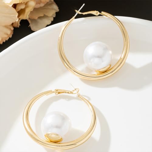 Chunky Gold Big Pearl Drop Dangle Hoop Earrings for Women Trendy, Dainty Large Pearls Thick Round Circle Dangly Earring Exquisite Party Jewelry Gifts4