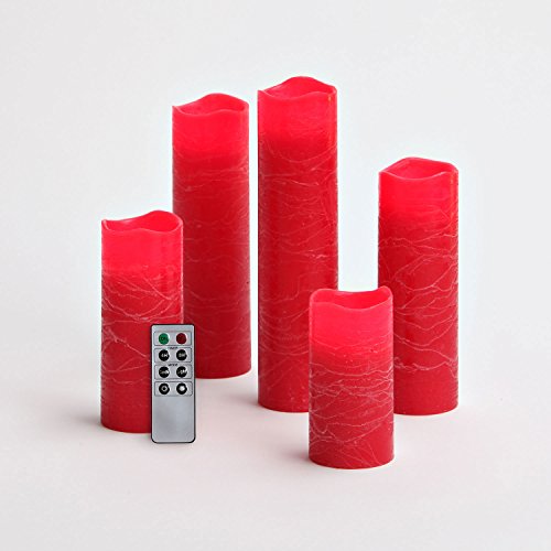 Flameless Tall Red Pillar Candles, Set of 5, Glowing LEDs, Distressed Wax Finish, Remote & Batteries Included