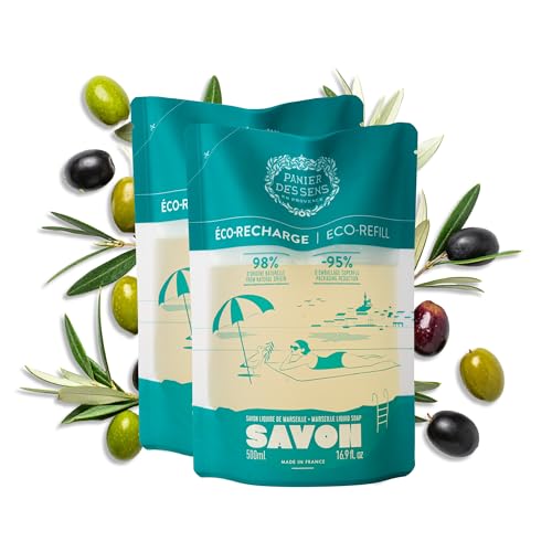 Panier des Sens - Marseiller Flüssige Handseife Olive - Eco-Nachfüllpack – Limitierte Edition 25 Jahre - 98% natürliche Inhaltsstoffe - 2x500 ml