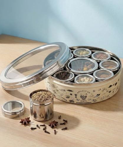 Image of MARU 12-in-1 Printed Stainless Steel Masala Dabba for Kitchen, Elegant and Durable Spice Box with See-Through Individual Lids, Ideal Kitchen Organizer for Storing All Herbs, Spices, and Seasonings