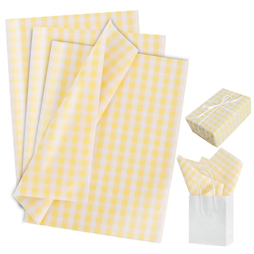 BEISHIDA Gingham Tissue Paper BulkYellow and White Checkered Wrapping Tissue Paper for Gift Bags 14 x 20 Inch Gift Wrap for Wedding Birthday Easter DIY Crafts Decor Holiday Flowers-50 Sheets