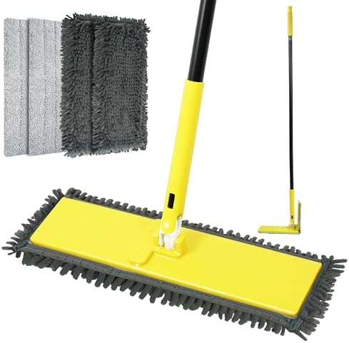 NEWE Dust Mop with Unique 90° Foldable Panel, 52 inches Long Handle Wet Dry Flat Floor Duster Broom with 2 Microfiber and 2 Chenille Pads for Hardwood, Stairs, Vinyl, Tile, Laminate (Yellow)