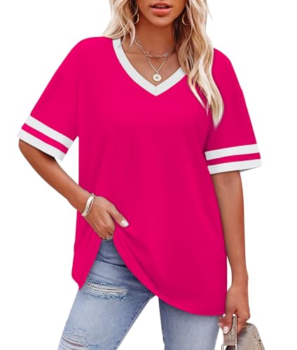 Image of WIHOLL Womens T Shirts Loose Fit Short Sleeve Tees V Neck Color Block Summer Tops 2026 Fashion S-4XL