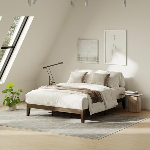 Image of smartue Queen Size Wood Platform Bed Frame, 12 Inch Solid Wood Bed Frame with Wooden Slats, No Box Spring Needed, Easy Assembly,Espresso