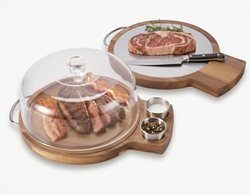 Plato para Filetes Premium de Madera de Acacia con Tapa en Cúpula – Tabla de Cortar de Acero Inoxidable para Reposo de Carnes – Bandeja Híbrida Reversible para Barbecue, Charcutería y Entretenimiento miniatura 1