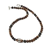 Hovaete 8mm Natural Stone Beads Short Necklace Stainless Steel Beaded Charm Choker Neck Chain Fashion Men and Women Jewelry 21.7 inch(55cm)(black lava+tiger eye)