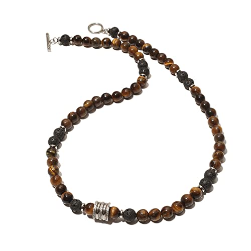 Hovaete 8mm Natural Stone Beads Short Necklace Stainless Steel Beaded Charm Choker Neck Chain Fashion Men and Women Jewelry 21.7 inch(55cm)(black lava+tiger eye)