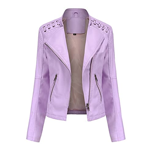 YYNUDA Veste Femme de Motard Vintage Blouson en Cuir PU Veste Moto Violet 3 S
