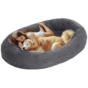 PawHut Hundebett 175 cm Flauschig Hundebett für Menschen Waschbar Hundekissen Orthopädisch Haustierbett mit Haltegriff, Plüsch, Dunkelgrau