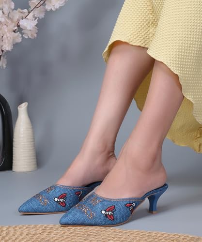 Image of JM LOOKS Pointed Toe Kitten Heel Mules Featuring Exquisite Bee Embroidery and Shimmering Textured Fabric Finish