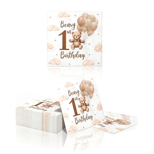 32 Serviettes sur le Thème de l'ours pour un 1er Anniversaire, Adorables Serviettes en Papier pour Décoration d'anniversaire, pour les Gender Reveals et les Fêtes du 1er Anniversaire, 33 x 33 cm