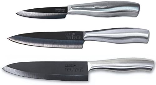 Casa Neuhaus Deluxe Set Ceramic Knives - 3" Paring Knife, 5" Utility Knife & 7" Chef's Knife - Black Ceramic Blade & Stainless Steel Handle - Includes Knife Sheath and Black Series Gift Box
