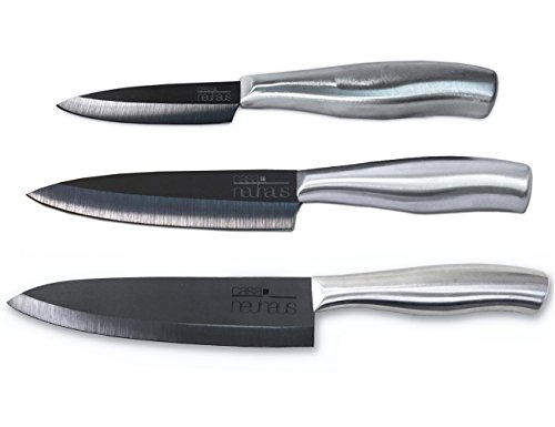 Casa Neuhaus Deluxe Set Ceramic Knives - 3" Paring Knife, 5" Utility Knife & 7" Chef's Knife - Black Ceramic Blade & Stainless Steel Handle - Includes Knife Sheath And Black Series Gift Box #TOP26