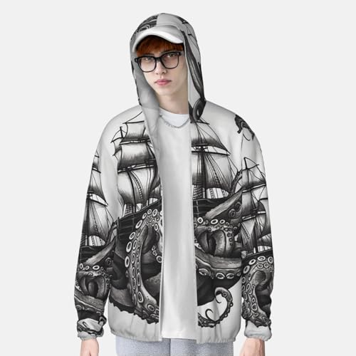 UPF 50+ Sun Protection Hoodie Rash Guard Long Sleeve Sun Shirt Black and White Octopus and Ship UV Shirt Full Zip Jacket4